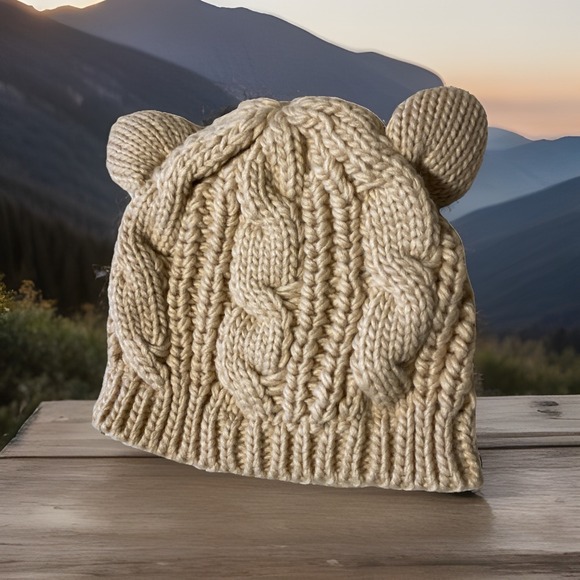 The Unbranded Brand Accessories - Cableknit Womens Beanie Hat With Kitten Ears, Cream M-L